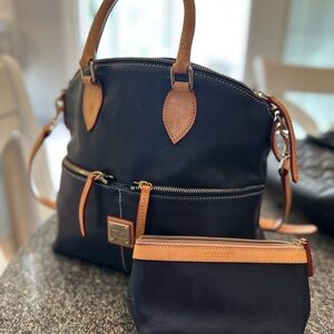 Dooney & Bourke Tan and Blue Tote Bag with Leather Accents